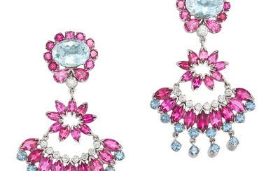 A PAIR OF AQUAMARINE, PINK TOURMALINE AND DIAMOND DROP CLIP EARRINGS each set with an oval cut