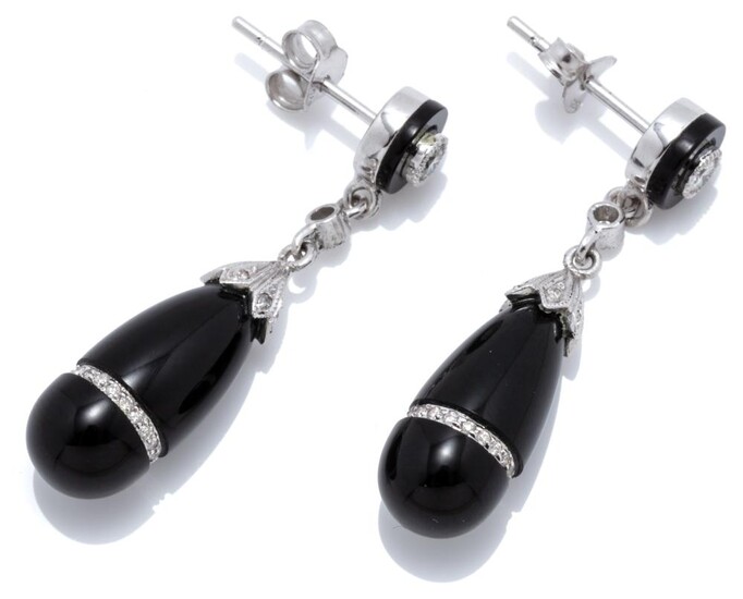 A PAIR OF DECO STYLE ONYX AND DIAMOND DROP EARRINGS; each a round brilliant cut diamond to onyx ring set stud suspending a single co...