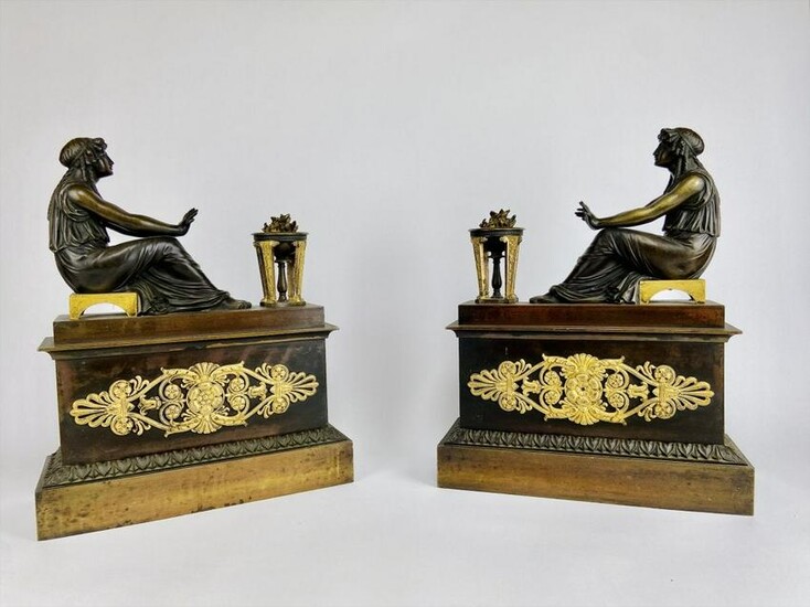 A PAIR OF EMPIRE STYLE GILT AND PATINATED BRONZE CHENET
