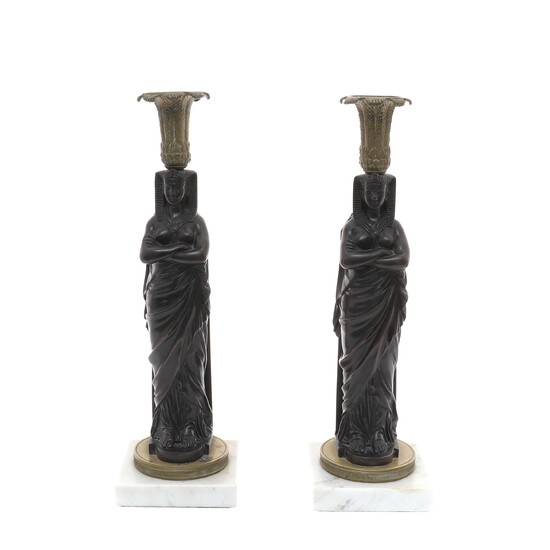 A PAIR OF FRENCH BRONZE CANDLESTICKS, 19TH CENTURY.
