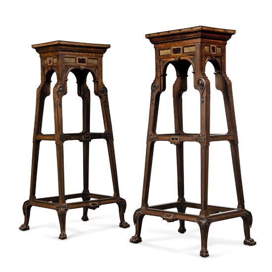 A PAIR OF FRENCH 'ETRUSCAN REVIVAL' BRASS AND MARBLE-MOUNTED MAHOGANY STANDS