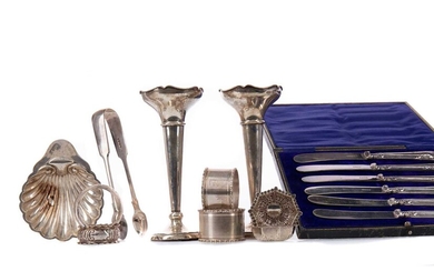 A PAIR OF GEORGE V SILVER SOLIFLEUR VASES ALONG WITH OTHER SILVER WARE