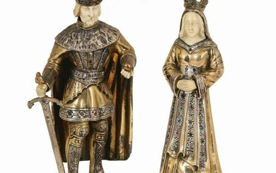 A PAIR OF GERMAN SILVER, GILT AND JEWELED STATUETTES MODELLED AS A MEDIEVAL KING AND QUEEN