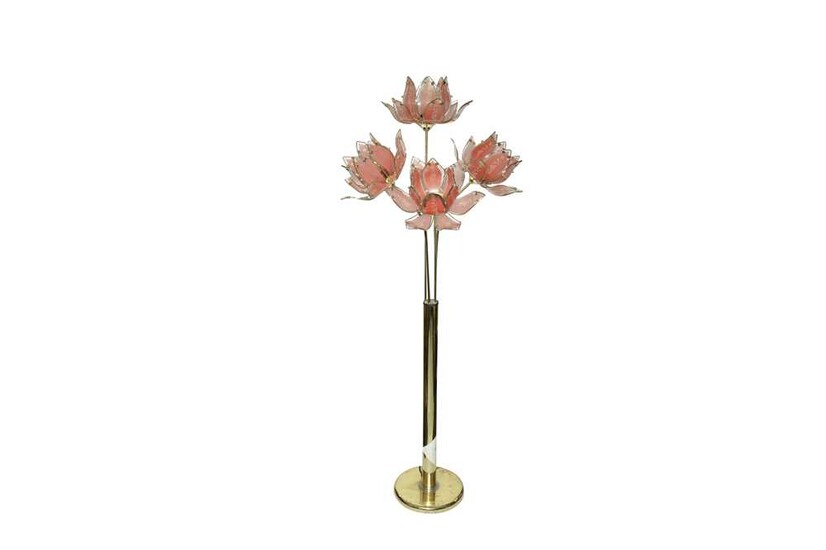 A PAIR OF ITALIAN HOLLYWOOD REGENCY PINK GLASS LOTUS BOUQUET FLOOR LAMPS, CIRCA 1970'S