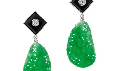 A PAIR OF JADEITE JADE, ONYX AND DIAMOND CLIP EARRINGS each comprising a square shaped onyx set with