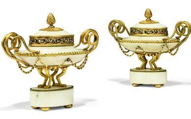A PAIR OF LATE LOUIS XVI ORMOLU-MOUNTED AND WHITE MARBLE BRULE-PARFUMS