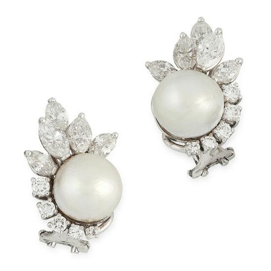 A PAIR OF NATURAL PEARL AND DIAMOND EARRINGS in 14ct