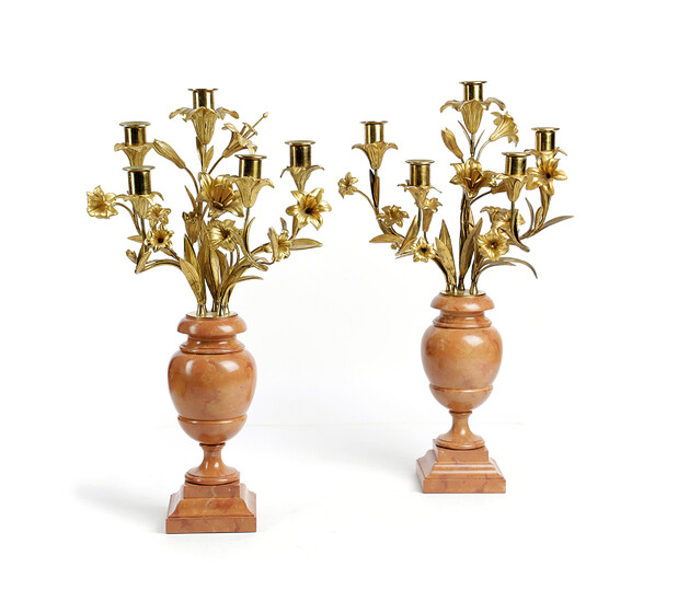 A PAIR OF ORMOLU AND PAINTED WOOD CANDELABRA IN LOUIS XV STYLE