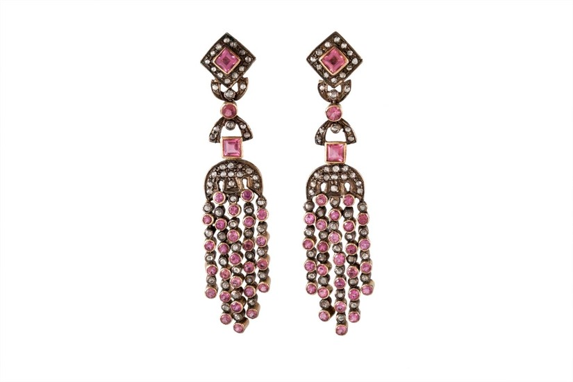 A PAIR OF PINK TOURMALINE AND DIAMOND DROP EARRINGS