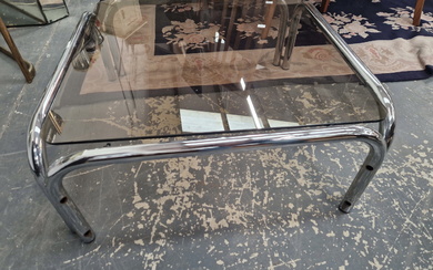 A PAIR OF RETRO CHROME FRAME COFFEE TABLES WITH SMOKE GLASS TOPS.