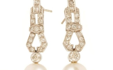 A Pair of Art Deco Pearl & Diamond Earrings