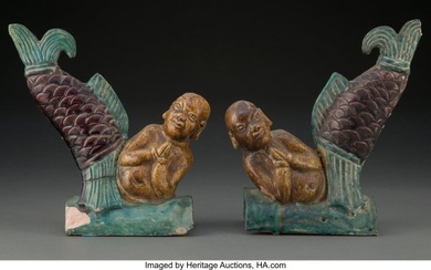 78032: A Pair of Chinese Fishtail Figure Roof Tiles 8-1