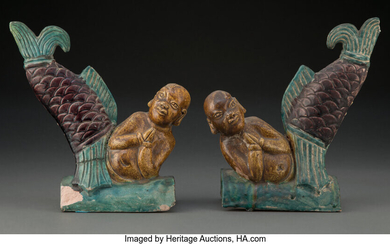 A Pair of Chinese Fishtail Figure Roof Tiles