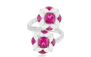 A RUBELLITE, RUBY AND DIAMOND DRESS RING Of crossover desig...