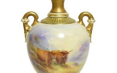 A Royal Worcester Porcelain Twin-Handled Vase, by Harry Stinton, 1912,...