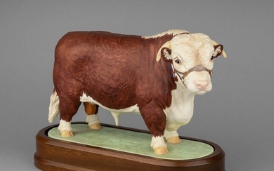 A Royal Worcester model of a Hereford Bull by Doris Lindner, Length: 10 in. (25.4 cm.) l.