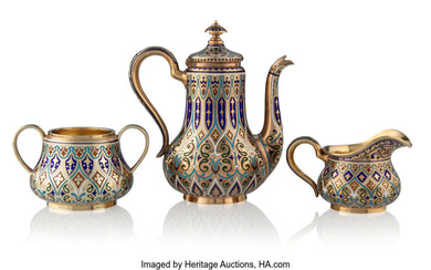 A Russian Silver Gilt and Champleve Enamel Three Piece Coffee Service for Tiffany & Co.