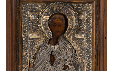 A Russian Silver Oklad and Seed Pearl-Set Icon of Saint Nicholas