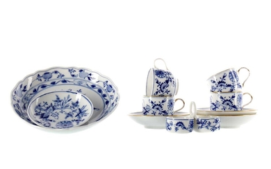 A SET OF THREE MEISSEN CUPS AND SAUCERS ALONG WITH ANOTHER, A DISH AND A CRUET