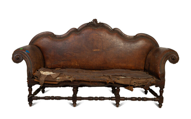 A Spanish Baroque Carved Walnut Leather-Upholstered Sofa