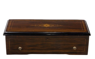 A Swiss inlaid rosewood and parcel ebonized music box, late 19th century, fitted with 10.75-inch