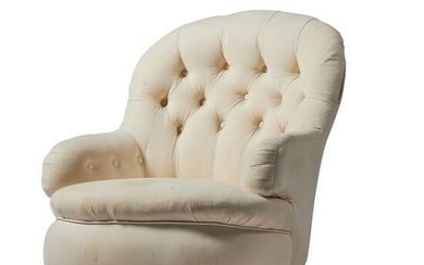 A VICTORIAN MAHOGANY AND UPHOLSTERED LOW ARMCHAIR, CIRCA 1860