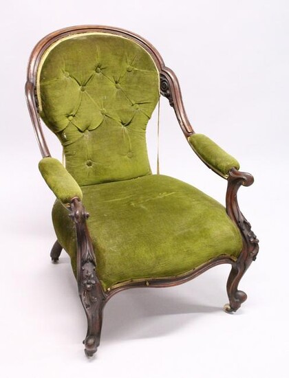 A VICTORIAN MAHOGANY SHAPED BACK ARMCHAIR, open arms
