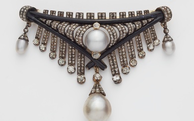 A Victorian 14k gold black enamel diamond and Oriental pearl corsage brooch.