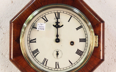 A Victorian walnut octagonal cased wall timepiece, width 21.5cm, together with a Victorian oak wheel