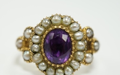 A Victorian yellow metal seed pearl and amethyst set oval cl...