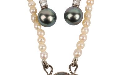 A black Tahitian pearl jewellery set, comprising single-row ...