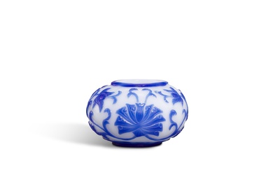 A blue-overlay white glass 'lotus' water pot, Mark and period...