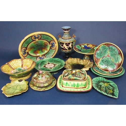 A collection of mainly 19th century majolica wares including...