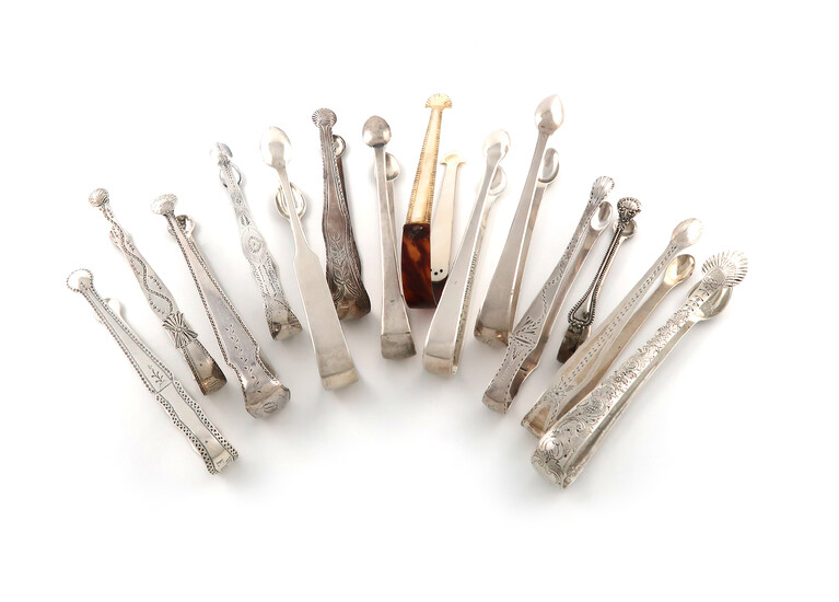 λA collection of thirteen pairs of silver sugar tongs