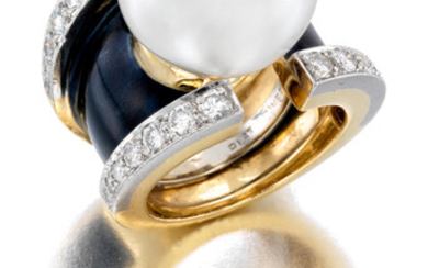 A cultured pearl, diamond and enamel ring,, David Webb