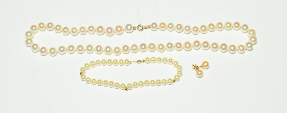 A cultured pearl necklace, length 47cm; a cultured pearl bracelet,...