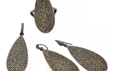 NOT SOLD. A diamond jewellery set comprising a ring, a pair of ear pendants and...