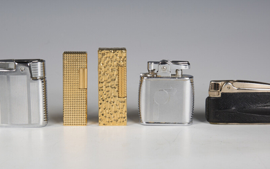 A gold plated Dunhill pocket gas lighter, length 6.4cm, cased, a similar Colibri lighter, three othe
