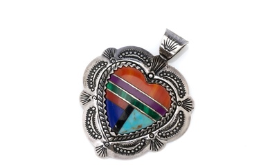 A good vintage Navaho sterling silver heart pendant, C: 1980's, set with coral, lapis, turquoise, malacite etc, Signed QT, L: 34mm x 28mm