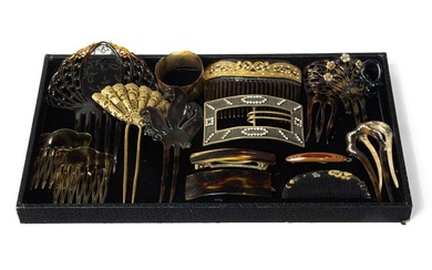 A group lot of mostly vintage faux tortoise celluloid and gilt-metal hair combs inlaid with lace and