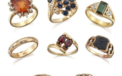 A group of eight rings, comprising: an oval sapphire spray with brilliant-cut diamond stem; a cushion shaped green tourmaline single stone with brilliant-cut diamond three stone shoulders; and oval citrine and brilliant-cut diamond cluster; a...