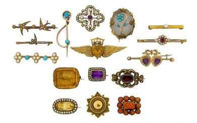 A group of sixteen various brooches, comprising: a late 19th / early 20th century gold and turquoise two stone brooch by Murrle Bennett & Co of looped design, maker's mark MB&Co and stamped Patent and numbered indistinctly 70.4.91; twelve 19th...