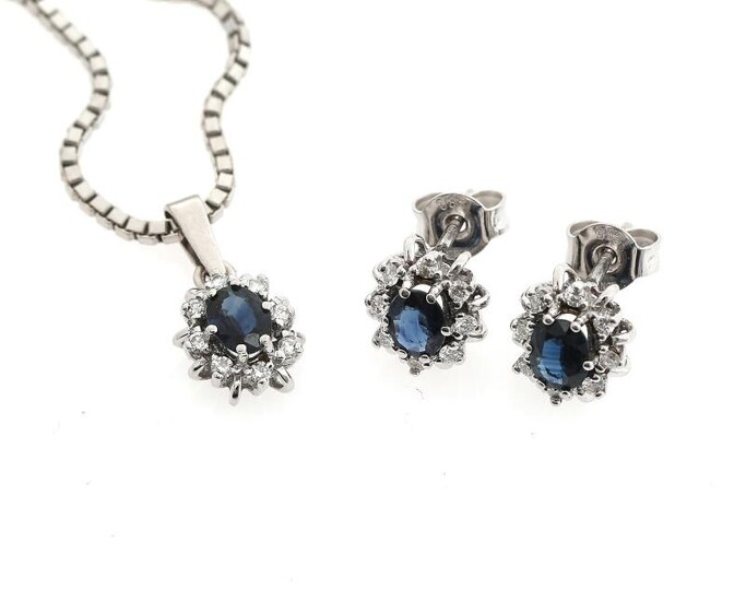 SOLD. A jewelry set comprising of a necklace, a pendant and a pair of ear studs each set with a sapphire and diamonds, mounted in 14k white gold. (4) – Bruun Rasmussen Auctioneers of Fine Art