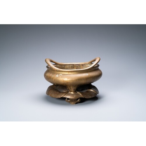 A large Chinese bronze censer on stand, Chenghua mark, 17/18...