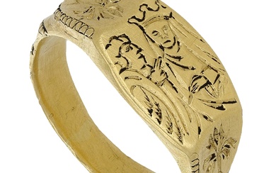 A late 15th century gold iconographic Annunciation ring, the band of D-shaped...