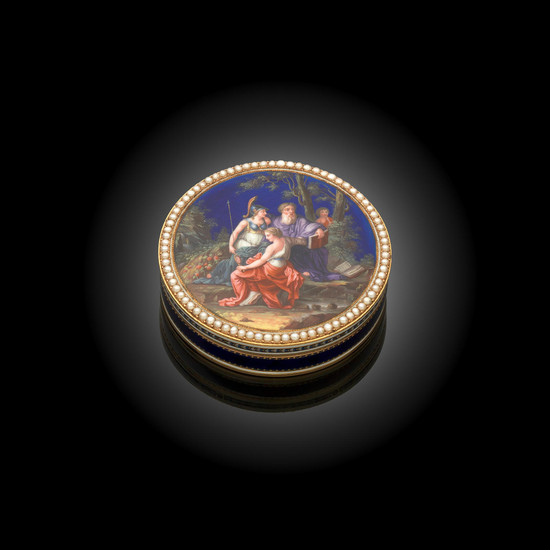 A late 18th/early 19th century Swiss circular gold and enamelled snuff box