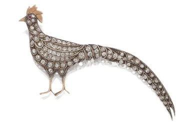 A late 19th century diamond pheasant brooch, the body set throughout with old-brilliant and single-cut diamonds, gold crest and leg detail, and single cabochon ruby eye, mounted in gold and silver, detachable brooch fitting, c.1890, approx. length...