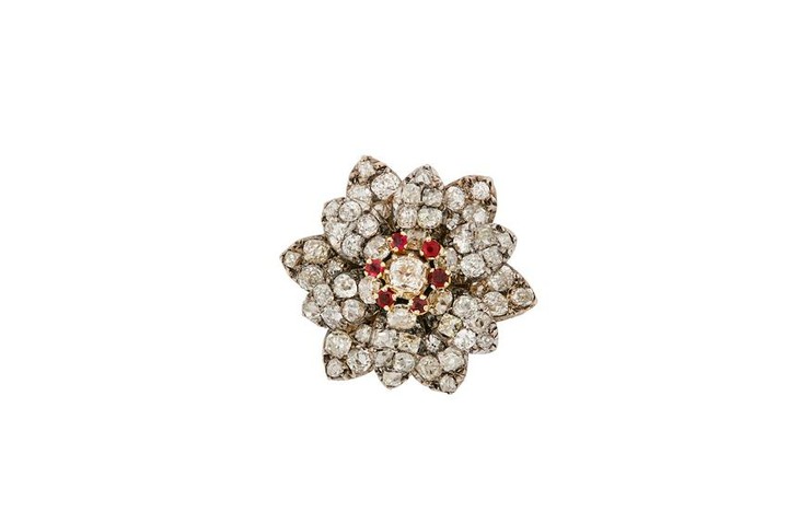 A late 19th century ruby and diamond flower brooch