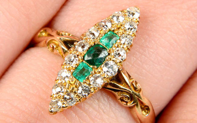 A late Victorian gold green garnet-topped-doublet, emerald and diamond marquise-shape cluster ring, with stylised foliate shoulders.