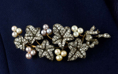 A late Victorian silver and gold, old-cut diamond and vari-hue pearl ivy sprig brooch.